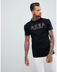 schwarzes und weißes bedrucktes T-Shirt mit einem Rundhalsausschnitt von Aces Couture