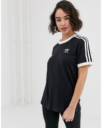 schwarzes und weißes bedrucktes T-Shirt mit einem Rundhalsausschnitt von adidas Originals