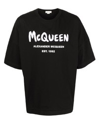 schwarzes und weißes bedrucktes T-Shirt mit einem Rundhalsausschnitt von Alexander McQueen