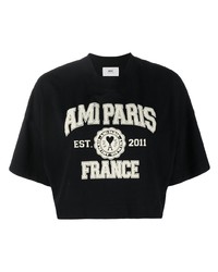 schwarzes und weißes bedrucktes T-Shirt mit einem Rundhalsausschnitt von Ami Paris
