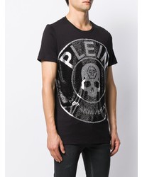 schwarzes und weißes bedrucktes T-Shirt mit einem Rundhalsausschnitt von Philipp Plein