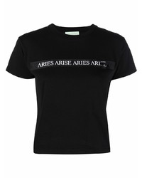 schwarzes und weißes bedrucktes T-Shirt mit einem Rundhalsausschnitt von Aries
