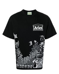 schwarzes und weißes bedrucktes T-Shirt mit einem Rundhalsausschnitt von Aries