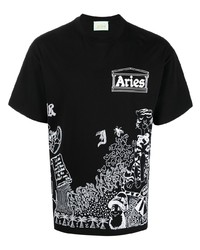 schwarzes und weißes bedrucktes T-Shirt mit einem Rundhalsausschnitt von Aries