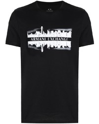 schwarzes und weißes bedrucktes T-Shirt mit einem Rundhalsausschnitt von Armani Exchange