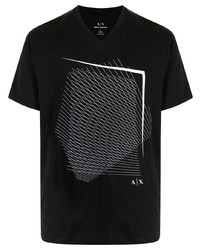 schwarzes und weißes bedrucktes T-Shirt mit einem Rundhalsausschnitt von Armani Exchange