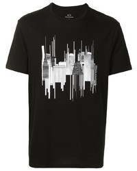 schwarzes und weißes bedrucktes T-Shirt mit einem Rundhalsausschnitt von Armani Exchange