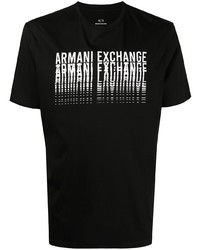 schwarzes und weißes bedrucktes T-Shirt mit einem Rundhalsausschnitt von Armani Exchange