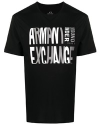 schwarzes und weißes bedrucktes T-Shirt mit einem Rundhalsausschnitt von Armani Exchange