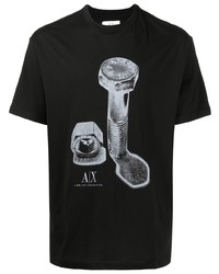 schwarzes und weißes bedrucktes T-Shirt mit einem Rundhalsausschnitt von Armani Exchange