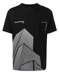 schwarzes und weißes bedrucktes T-Shirt mit einem Rundhalsausschnitt von Armani Exchange