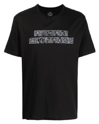 schwarzes und weißes bedrucktes T-Shirt mit einem Rundhalsausschnitt von Armani Exchange