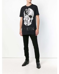 schwarzes und weißes bedrucktes T-Shirt mit einem Rundhalsausschnitt von Philipp Plein