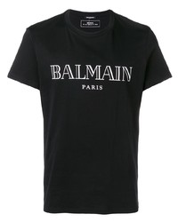 schwarzes und weißes bedrucktes T-Shirt mit einem Rundhalsausschnitt von Balmain