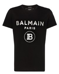 schwarzes und weißes bedrucktes T-Shirt mit einem Rundhalsausschnitt von Balmain