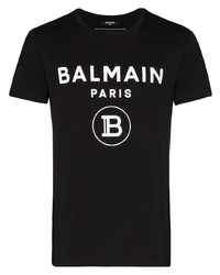 schwarzes und weißes bedrucktes T-Shirt mit einem Rundhalsausschnitt von Balmain