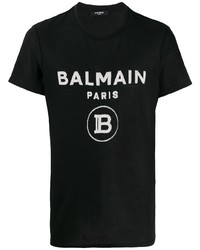 schwarzes und weißes bedrucktes T-Shirt mit einem Rundhalsausschnitt von Balmain