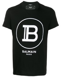 schwarzes und weißes bedrucktes T-Shirt mit einem Rundhalsausschnitt von Balmain