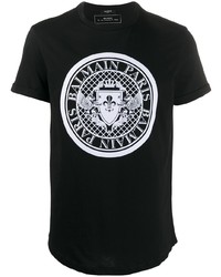 schwarzes und weißes bedrucktes T-Shirt mit einem Rundhalsausschnitt von Balmain