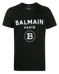 schwarzes und weißes bedrucktes T-Shirt mit einem Rundhalsausschnitt von Balmain