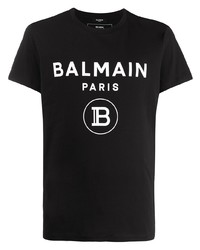 schwarzes und weißes bedrucktes T-Shirt mit einem Rundhalsausschnitt von Balmain