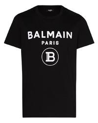 schwarzes und weißes bedrucktes T-Shirt mit einem Rundhalsausschnitt von Balmain