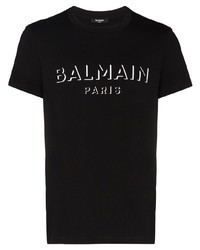 schwarzes und weißes bedrucktes T-Shirt mit einem Rundhalsausschnitt von Balmain