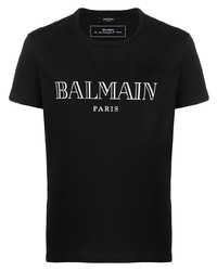 schwarzes und weißes bedrucktes T-Shirt mit einem Rundhalsausschnitt von Balmain