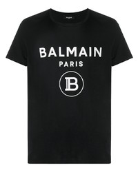 schwarzes und weißes bedrucktes T-Shirt mit einem Rundhalsausschnitt von Balmain