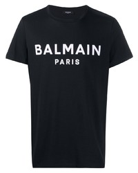 schwarzes und weißes bedrucktes T-Shirt mit einem Rundhalsausschnitt von Balmain