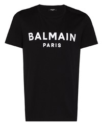 schwarzes und weißes bedrucktes T-Shirt mit einem Rundhalsausschnitt von Balmain