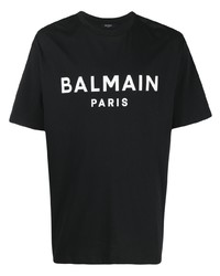schwarzes und weißes bedrucktes T-Shirt mit einem Rundhalsausschnitt von Balmain