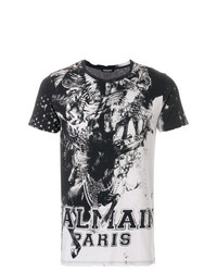 schwarzes und weißes bedrucktes T-Shirt mit einem Rundhalsausschnitt von Balmain