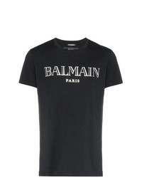 schwarzes und weißes bedrucktes T-Shirt mit einem Rundhalsausschnitt von Balmain