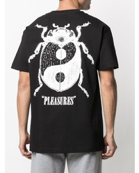 schwarzes und weißes bedrucktes T-Shirt mit einem Rundhalsausschnitt von Pleasures