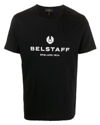schwarzes und weißes bedrucktes T-Shirt mit einem Rundhalsausschnitt von Belstaff