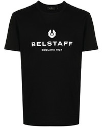schwarzes und weißes bedrucktes T-Shirt mit einem Rundhalsausschnitt von Belstaff
