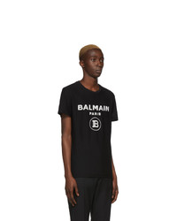 schwarzes und weißes bedrucktes T-Shirt mit einem Rundhalsausschnitt von Balmain