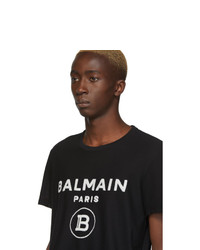 schwarzes und weißes bedrucktes T-Shirt mit einem Rundhalsausschnitt von Balmain