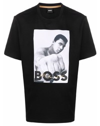 schwarzes und weißes bedrucktes T-Shirt mit einem Rundhalsausschnitt von BOSS