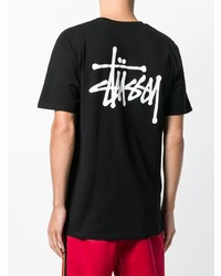 schwarzes und weißes bedrucktes T-Shirt mit einem Rundhalsausschnitt von Stussy