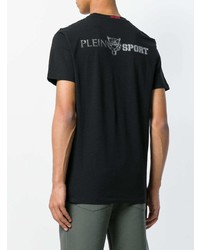 schwarzes und weißes bedrucktes T-Shirt mit einem Rundhalsausschnitt von Plein Sport