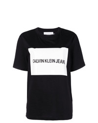 schwarzes und weißes bedrucktes T-Shirt mit einem Rundhalsausschnitt von Calvin Klein Jeans Est. 1978