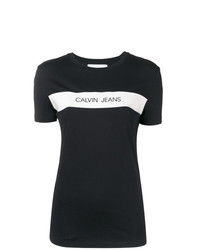 schwarzes und weißes bedrucktes T-Shirt mit einem Rundhalsausschnitt von Calvin Klein Jeans