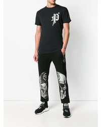 schwarzes und weißes bedrucktes T-Shirt mit einem Rundhalsausschnitt von Philipp Plein