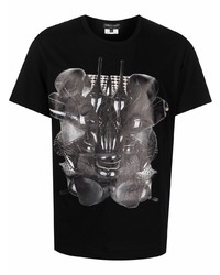 schwarzes und weißes bedrucktes T-Shirt mit einem Rundhalsausschnitt von Comme Des Garcons Homme Plus