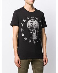 schwarzes und weißes bedrucktes T-Shirt mit einem Rundhalsausschnitt von Philipp Plein