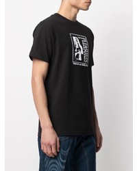 schwarzes und weißes bedrucktes T-Shirt mit einem Rundhalsausschnitt von Pleasures