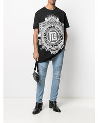 schwarzes und weißes bedrucktes T-Shirt mit einem Rundhalsausschnitt von Balmain