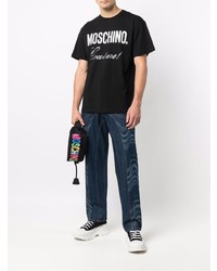 schwarzes und weißes bedrucktes T-Shirt mit einem Rundhalsausschnitt von Moschino